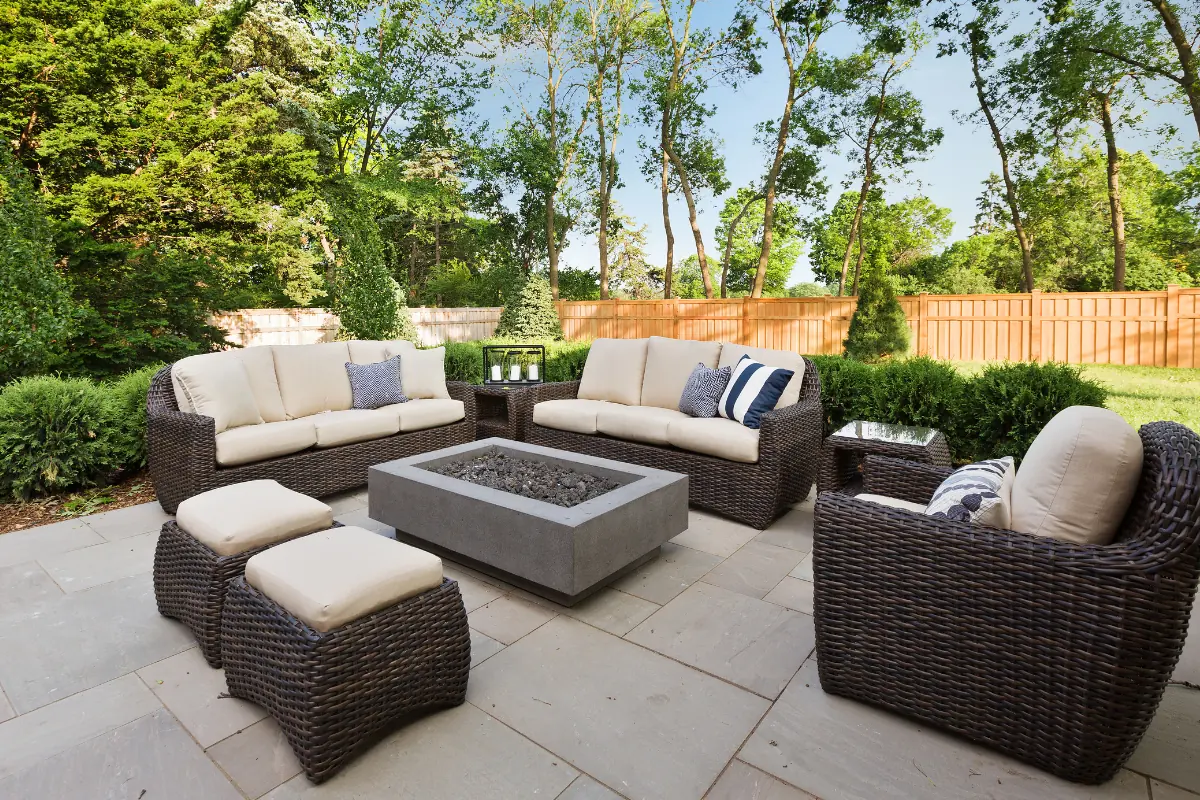 Stamped concrete patio with fire feature in Nassau County, NY — Nassau County Concrete